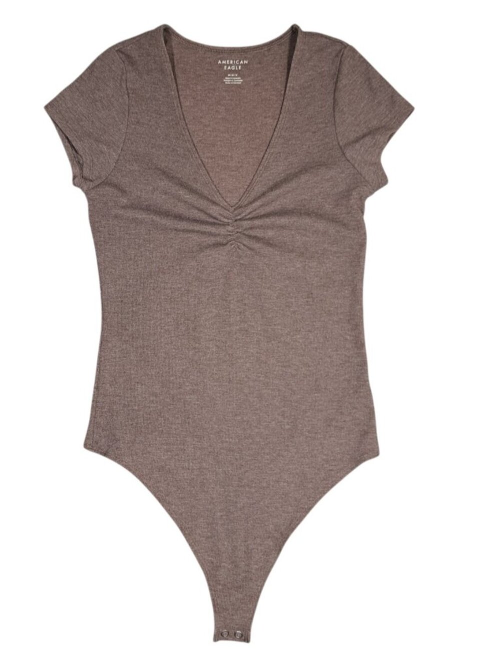 American Eagle Short Sleeve Bodysuit Sz M Ribbed Tan Brown Ruched V-Neck Womens